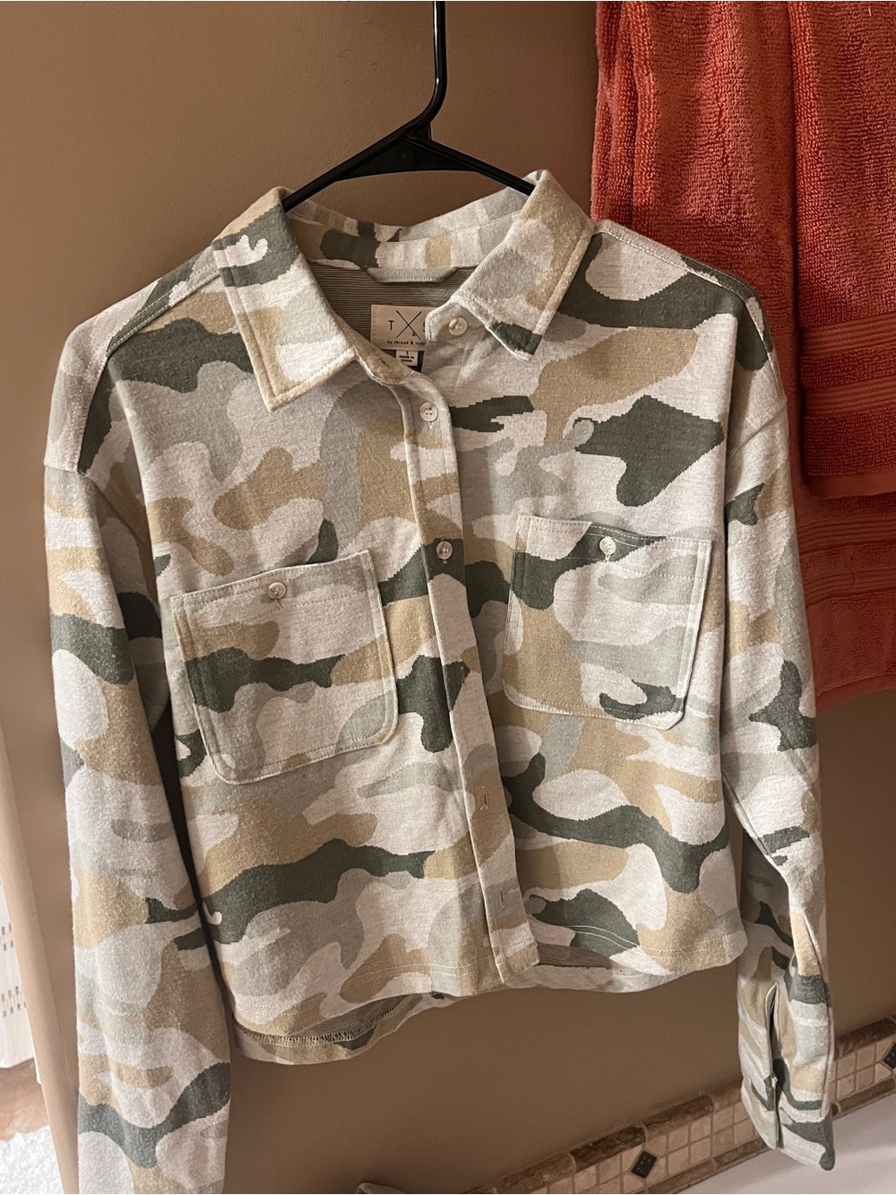 Thread & Supply Camo Crop Shirt Jacket in Olive & Beige